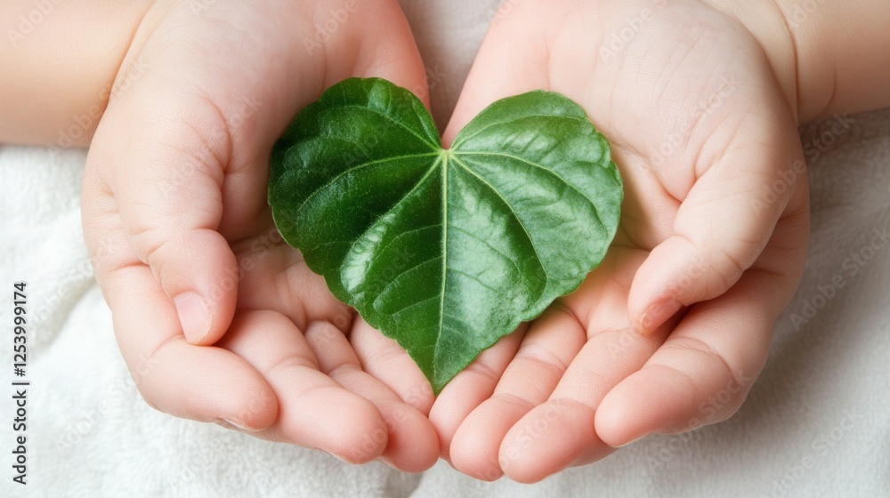 Baby Hands Gently Holding Heart Shaped Leaf Baby Hands Gently Holding Heart Shaped Leaf
