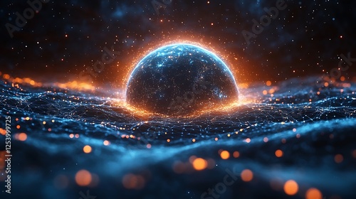 A luminous virtual globe glowing with high-speed data streams circulating its form