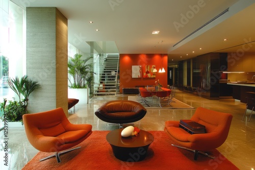 Chic Lounge: Indoor Common Area of Apartment Building with Bright Decor and Contemporary Furnishings