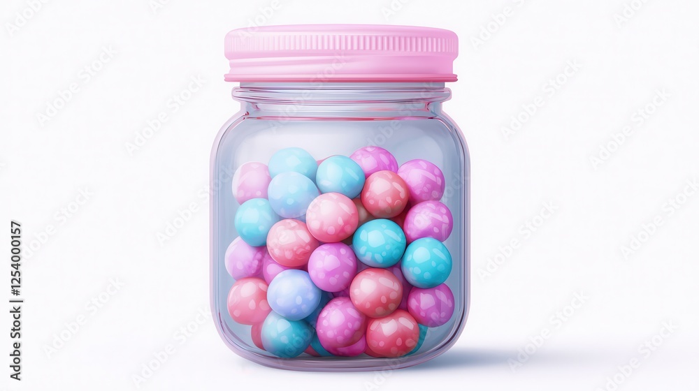 A glass jar filled with colorful, pastel-hued gumballs, featuring a pink lid, creating a vibrant and playful display. A glass jar filled with colorful, pastel-hued gumballs, featuring a pink lid, creating a vibrant and playful display.