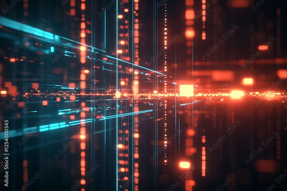 Naklejka premium Futuristic abstract representation of digital data with glowing lines and particles in a vibrant blue and red hue : Generative AI