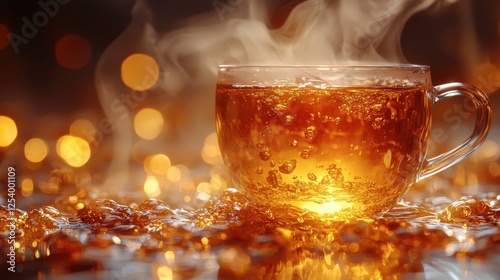 Warmth and Tranquility A Steaming Cup of Tea on Ice with Golden Lights