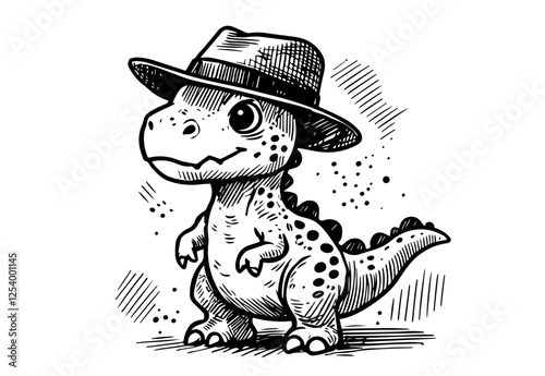 hand-drawn vector illustration of a cute dinosaur wearing a hat, vintage cartoon style