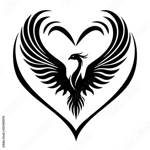 Foto vector illustration of a phoenix bird with spread wings inside a heart shape, sy
