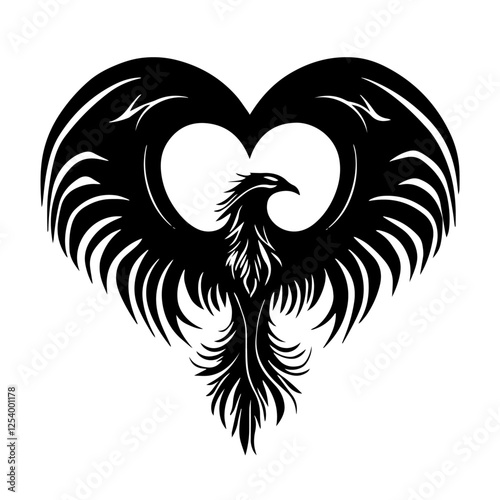 stylized phoenix forming a heart shape, bold tribal black and white vector perfect for tattoos or symbols
