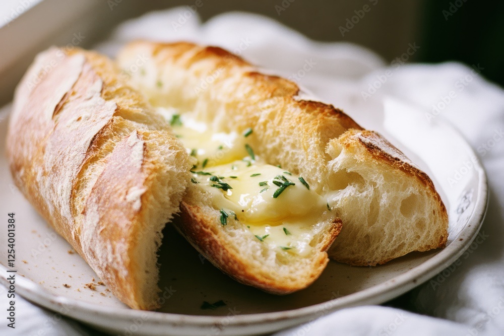 A crusty loaf of bread sliced open reveals melting butter and herbs, nestled on a white plate, exuding warmth and homemade comfort. A crusty loaf of bread sliced open reveals melting butter and herbs, nestled on a white plate, exuding warmth and homemade comfort.