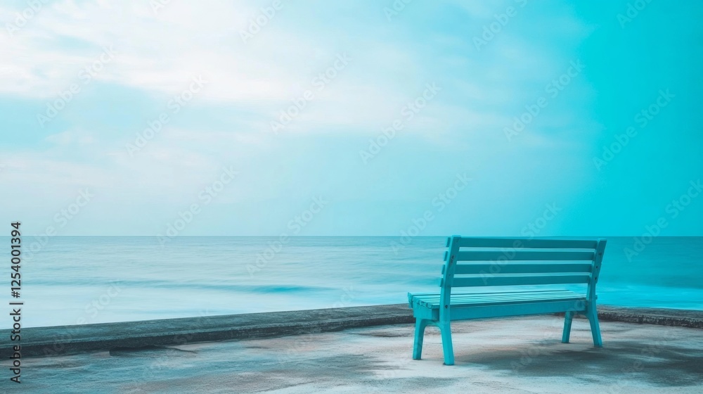 Wooden bench overlooking the ocean under a blue sky Wooden bench overlooking the ocean under a blue sky