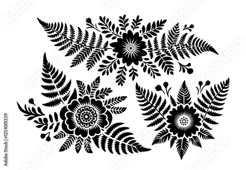 Floral and fern ornament in black and white vector