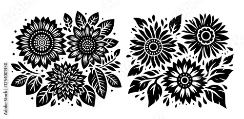 Sunflower bouquet vectors in black and white