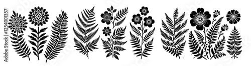 Vector bundle of ferns and flowers in silhouette style