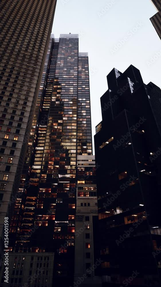A cluster of towering skyscrapers illuminated against the dark city skyline at night. A cluster of towering skyscrapers illuminated against the dark city skyline at night.