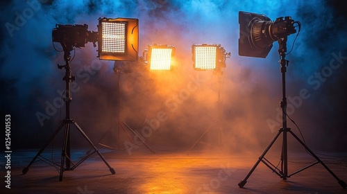 Studio lighting setup, smoky background, film production