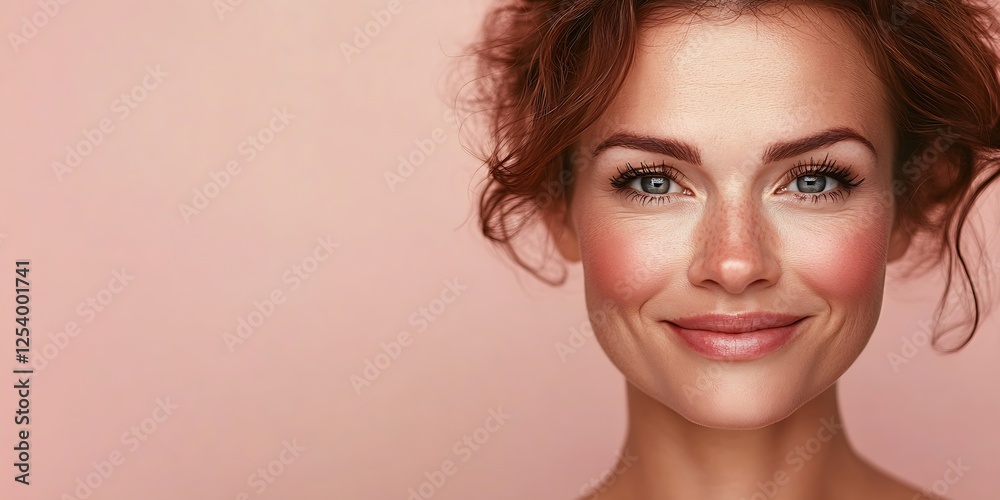 Fototapeta premium Close-up portrait of a smiling woman against a soft pink background creating a warm and inviting atmosphere : Generative AI