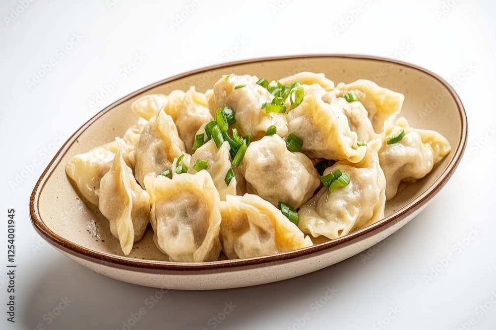 Steamed dumplings, garnished, oval dish, white background, food photography Steamed dumplings, garnished, oval dish, white background, food photography