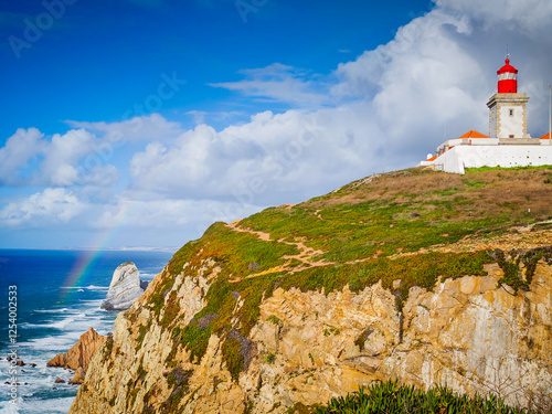 Cabo da Roca and the rainbow, the westernmost point of the continental Europe in Portugal. Picturesque view of a lighthouse on the rock on a sunny day