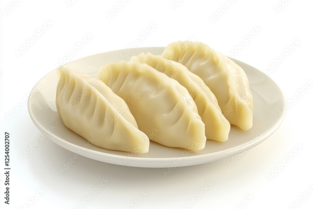 Four boiled dumplings on plate, white background, food photography, recipe Four boiled dumplings on plate, white background, food photography, recipe