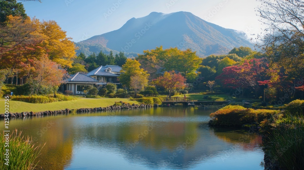 Obraz premium Serene Autumnal Landscape: Mountain Lake House Reflection