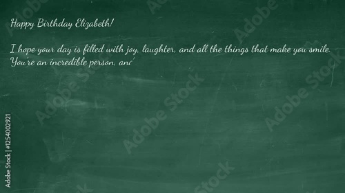 Birthday greetings in English for Elizabeth on a chalkboard with a hand-drawn cake and sincere wishes for joy and happiness