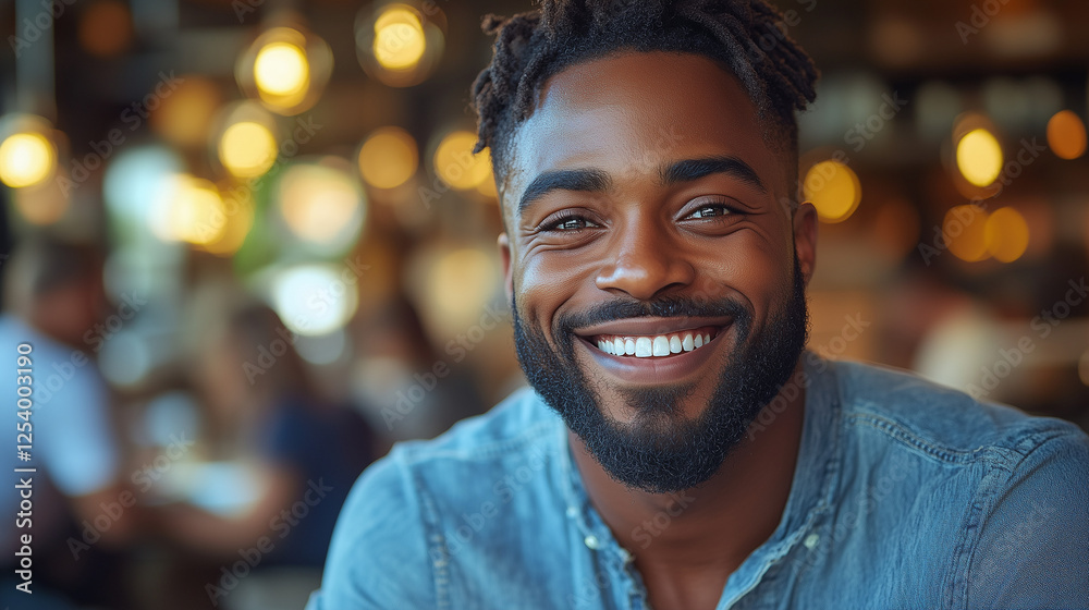 Smiling man enjoys time at a busy cafe in the evening with warm lighting and a vibrant atmosphere Smiling man enjoys time at a busy cafe in the evening with warm lighting and a vibrant atmosphere
