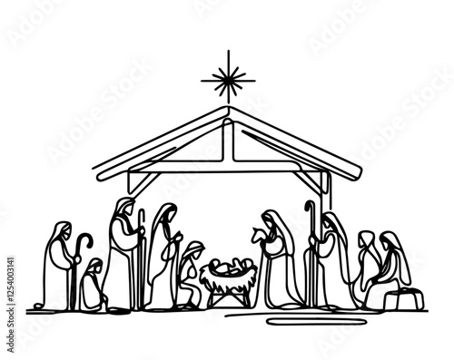 One-line black vector of nativity scene with Mary, Joseph, baby Jesus and others under a stable and star