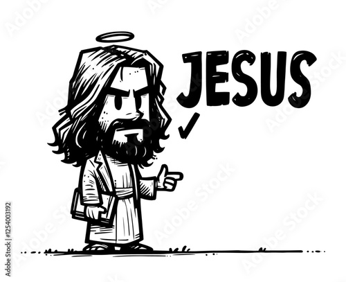 jesus cartoon character, black and white vector, funny religious illustration for christian design