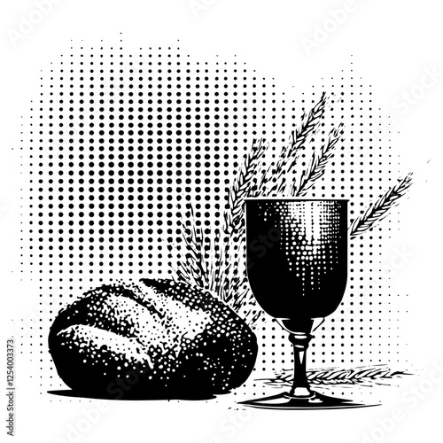 bread and chalice, black and white halftone engraving style vector, religious communion illustration
