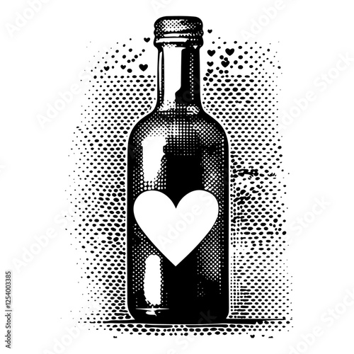 vintage halftone bottle with heart vector illustration