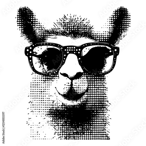 cool llama with sunglasses halftone vector illustration