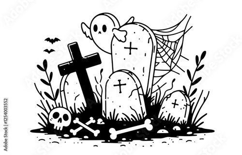 black and white vector illustration of a graveyard with tombstones, ghosts, skull, and cross, spooky halloween style