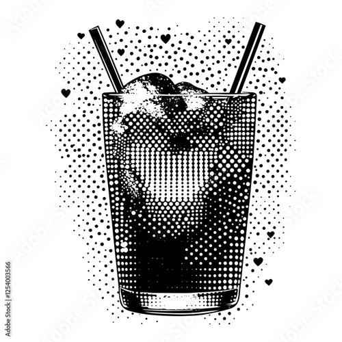 halftone style vector illustration of a drink glass with ice cubes and straws, vintage design