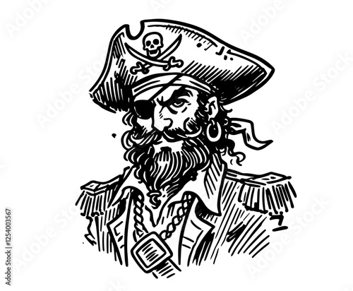 detailed hand-drawn vector illustration of a pirate with hat, eyepatch, and beard, vintage engraving style