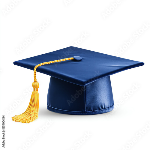 A traditional academic graduation cap in navy blue with a golden tassel, symbolizing achievement and educational milestones in higher education, ready for commencement celebrations photo