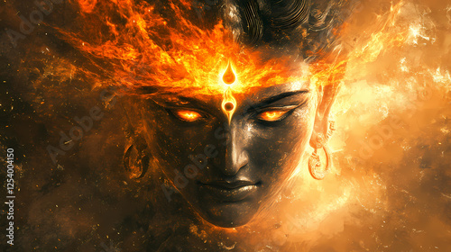 The power of shiva a digitally created image of the hindu god with a fiery eye ai generated. Abstract Deities. Illustration