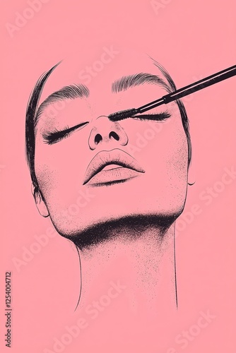 A stylish illustration of a woman applying makeup, featuring bold lines and a pink background, emphasizing beauty and artistry.