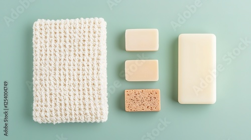 A minimalist arrangement of soap bars and a textured washcloth on a pastel background, emphasizing cleanliness and simplicity.