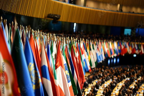 Close-Up of International Flags at Global Conference with Delegates in Background