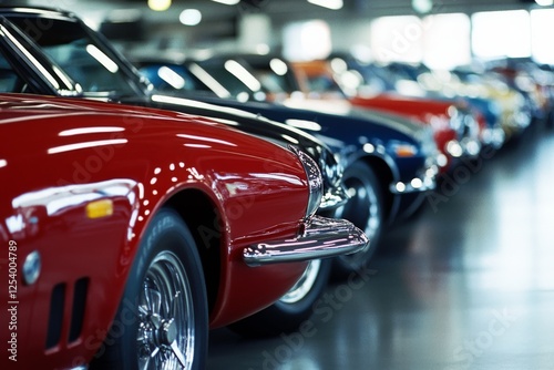 Wallpaper Mural Vibrant classic cars in a showroom line-up reflect elegance and nostalgia, showcasing sleek, polished designs in a spectrum of colors. Torontodigital.ca