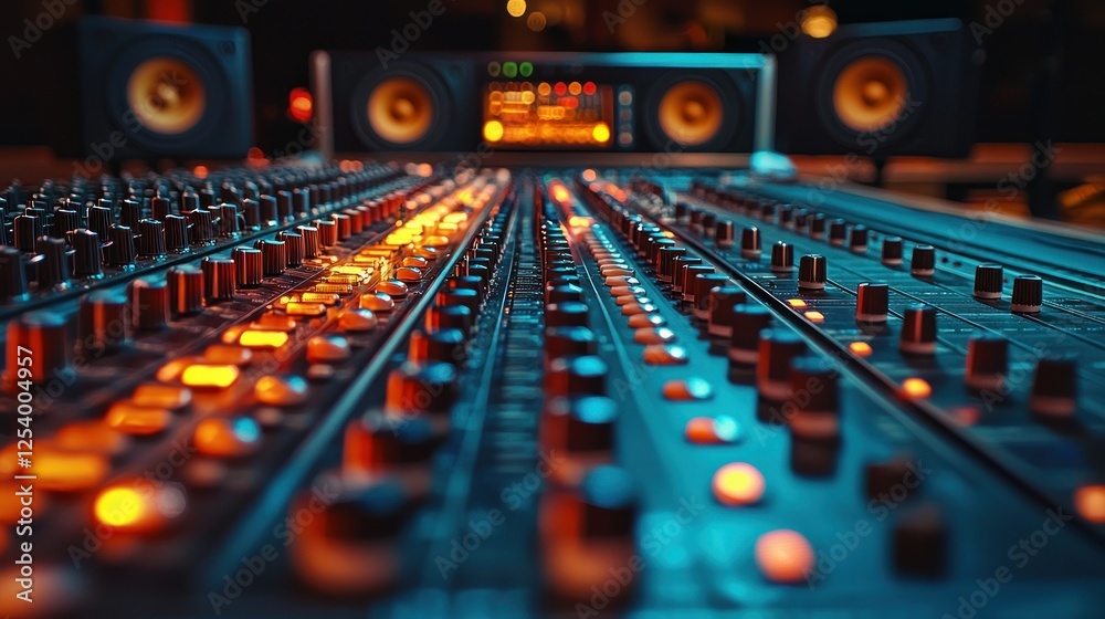 Studio mixing console, audio production, control knobs, speakers, music recording Studio mixing console, audio production, control knobs, speakers, music recording