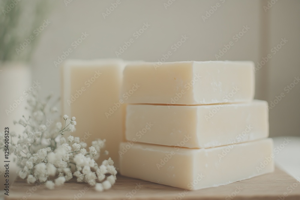Stack of natural handmade soap bars surrounded by delicate flowers on a wooden surface for an aesthetic display : Generative AI
