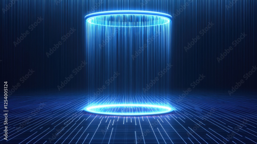 custom made wallpaper toronto digitalA glowing blue cylindrical structure surrounded by vertical light beams in a digital environment.