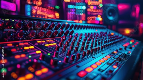 Studio Mixing Console, Colorful Lights, Music Production photo