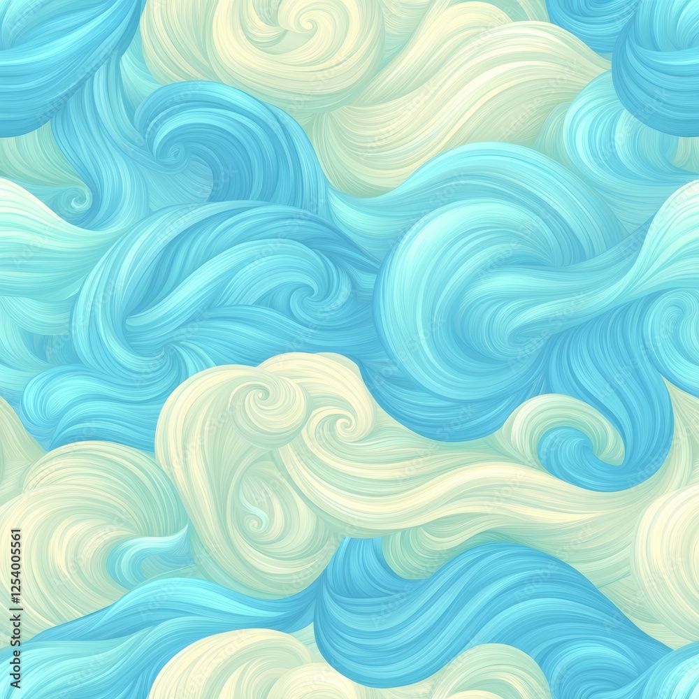 A vibrant abstract pattern featuring swirls of light blue and cream reminiscent of ocean waves, ideal for backgrounds in websites, presentations, or creative projects,