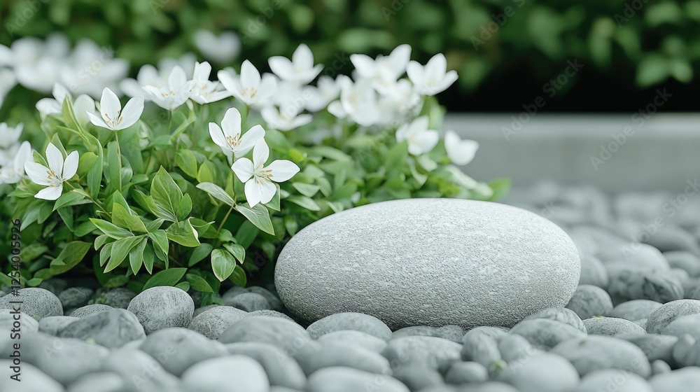 Fototapeta premium Serene garden, white flowers, grey stones, peaceful background, zen garden design