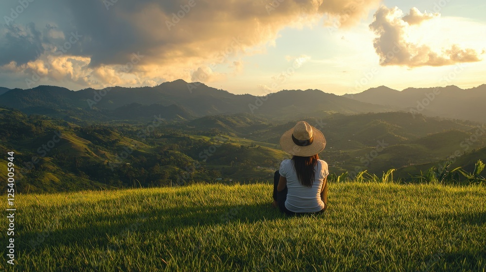 Fototapeta premium Woman Contemplating Scenic Mountain View at Sunset