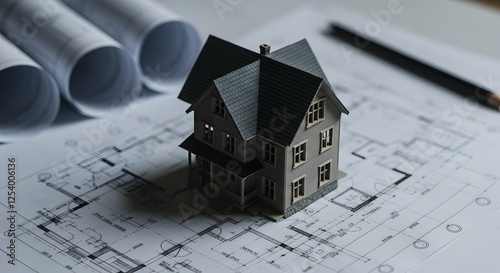 3d small house model on architecture plan, real state concept, banner, copy space