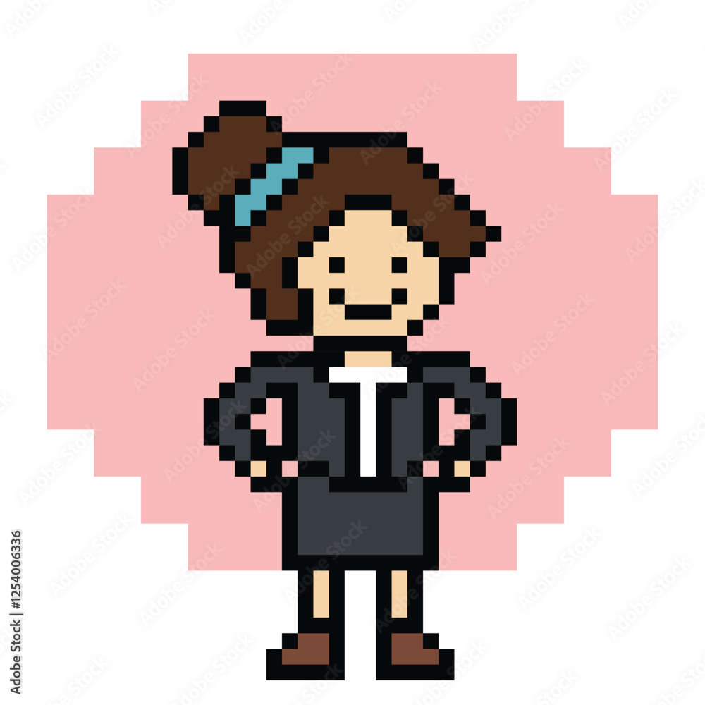 Fototapeta premium Cartoon cute pixel cartoon 8bit character business woman office smart work game for decoration business 8 bit female lady teacher businesswoman career smart character game 8bit png vector.