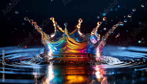 colorful splash of water forming a crown shape with colourful reflections