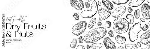 Dried fruits and nuts drawing. Vector label template.