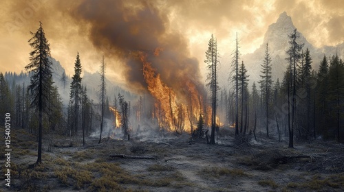 Wallpaper Mural Wildfire races through the forest under a smoky sky, highlighting climate's impact on nature Torontodigital.ca