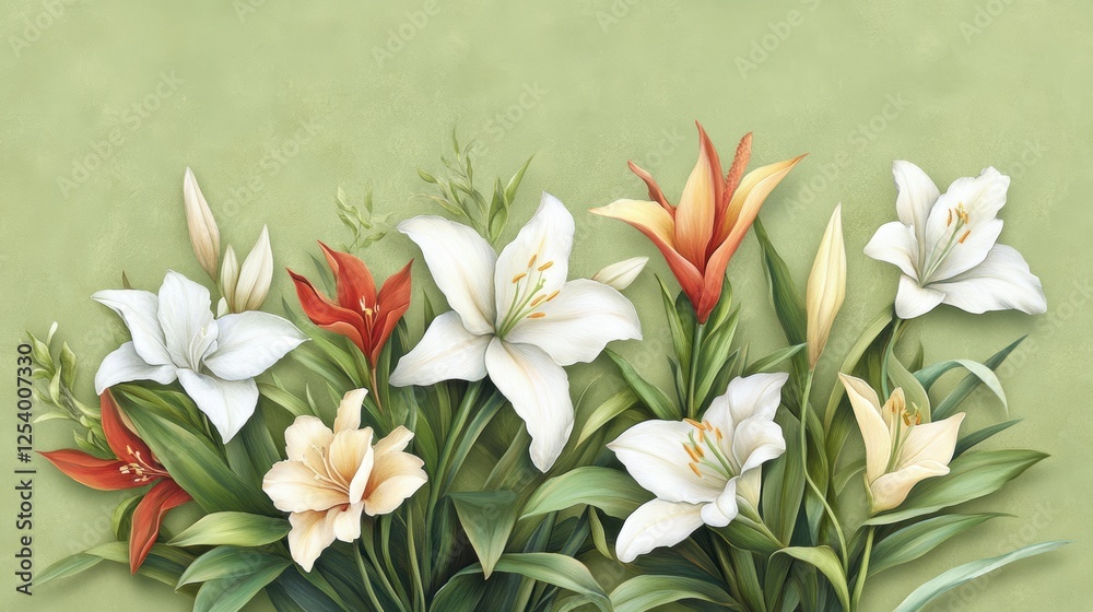 Fototapeta premium A vibrant bouquet of various flowers, including lilies in white, orange, and red shades, set against a soft green background, This image can enhance floral-themed designs, invitations, or wall art,